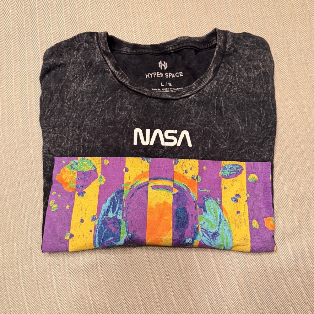 Hyper Space NASA Astronaut Graphic T-Shirt Acid Wash Black Mens Large